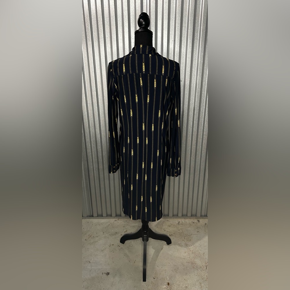 Women’s Michael Kors Blue Gold Geometric Long Sleeve Midi Dress Designer Medium - Picture 2 of 4